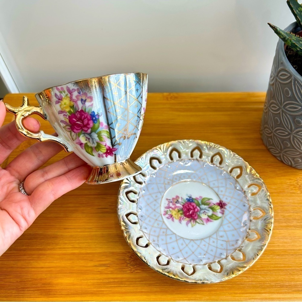 Vintage ESD Japan, iridescent tea cup and reticulated saucer set